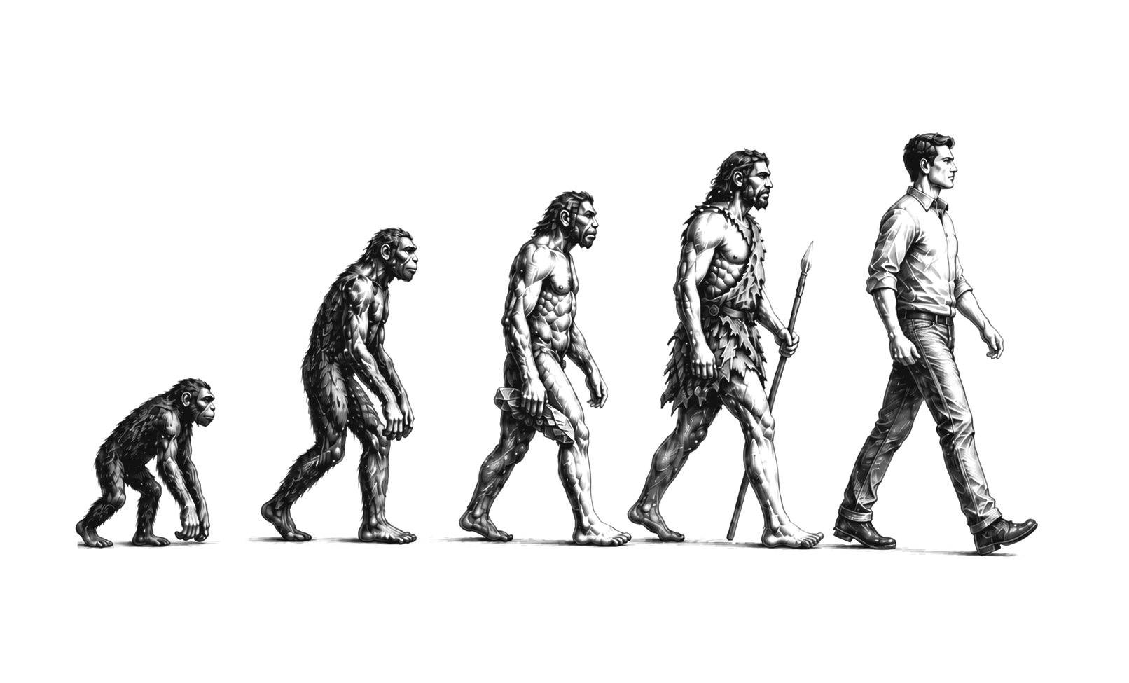 Engraved five-figure progression from a crouched ape to a modern person walking with empty hands